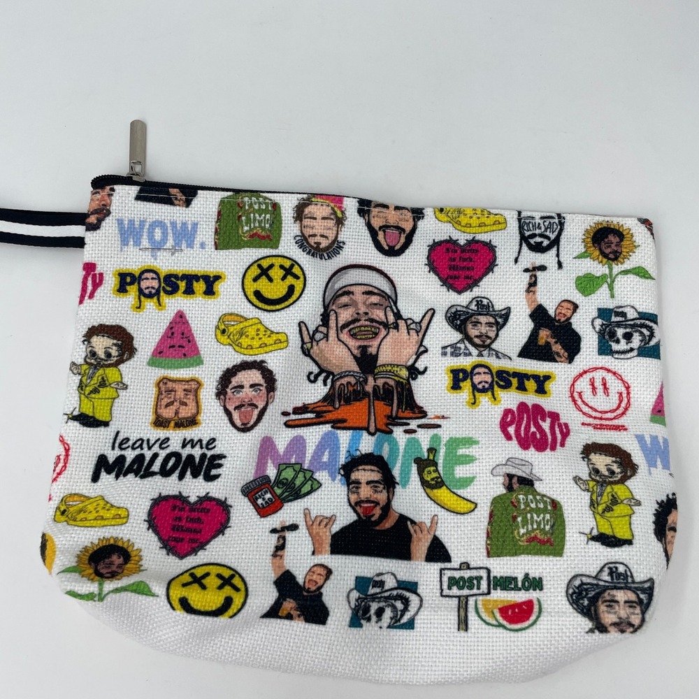 Post Malone‎ Posty Graphic Print Zipper Pouch Wristlet Makeup Bag White Festival